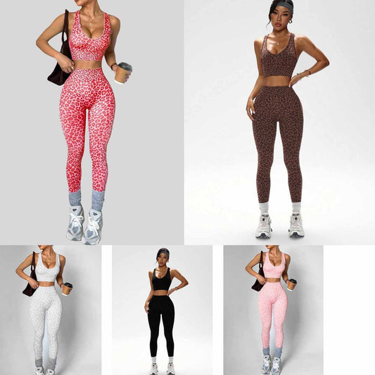 Leopard-Print Seamless Yoga Bra And Peach-Butt Leggings Set