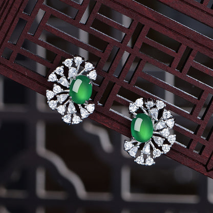 Boucles d'Oreilles Puces Halo Soleil Argent S925 - Chrysoprase Verte