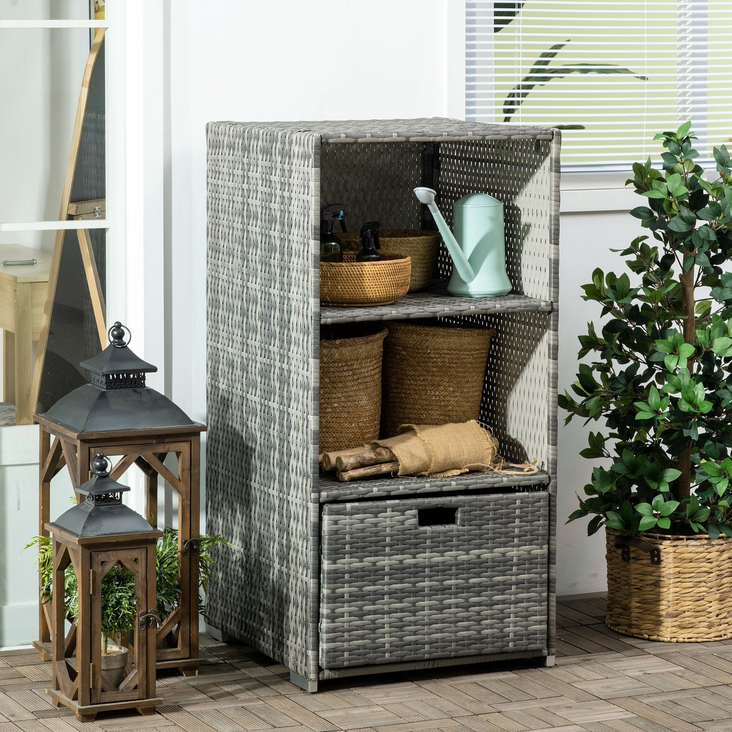 Valet Pool Towel Rack, Waterproof PE Plastic Rattan Wicker Storage Organizer, Indoor Outdoor Spa, and Hot Tub Accessory Storage, 2 Shelves, 1 Basket Drawer, Gray