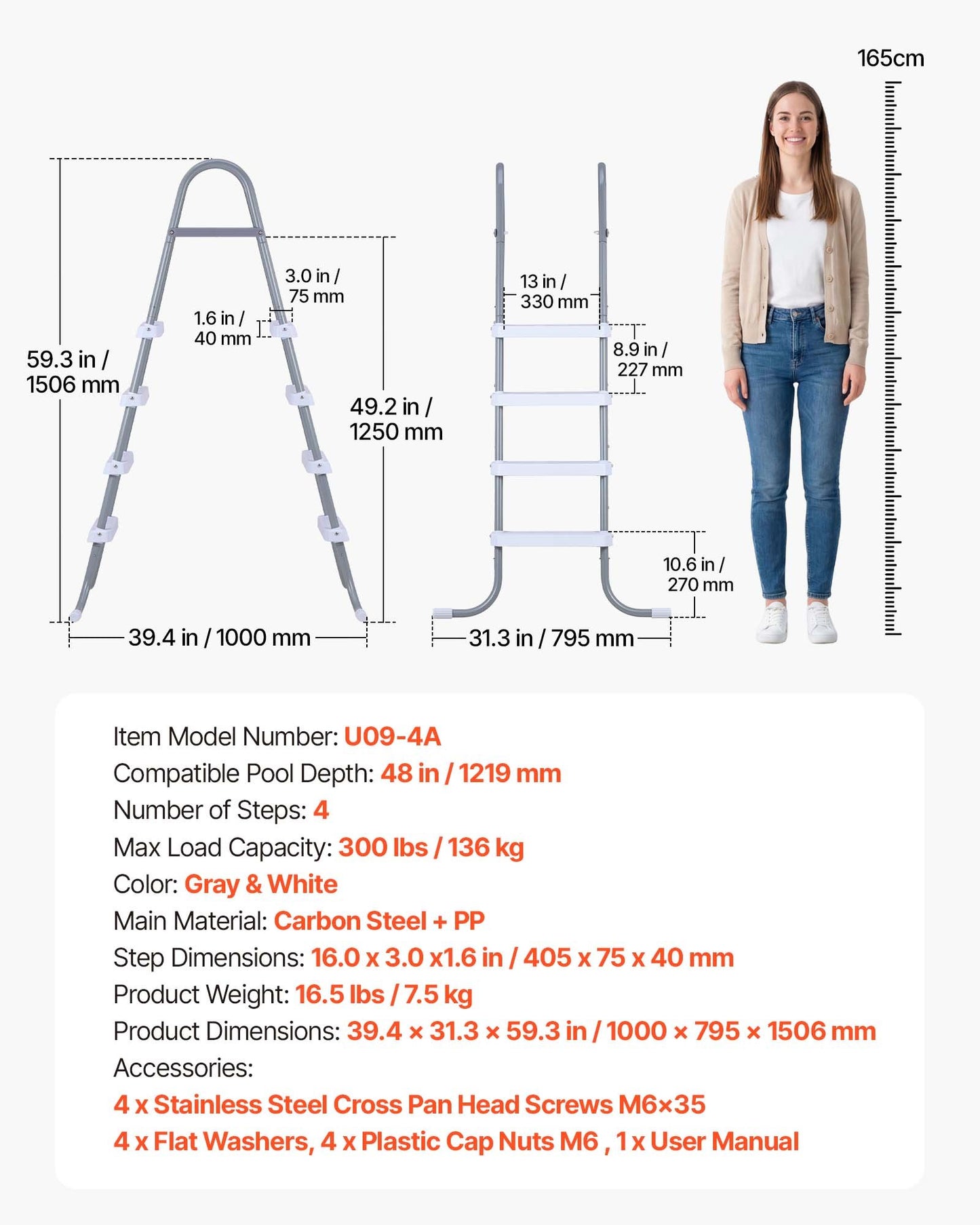 Above Ground Pool Ladder, 4-Step Steel A-Frame Swimming Pool Stairs For 48 In High Wall, 300 Lbs Capacity Entry/Exit Steps With Secure Non-Slip Sturdy Wide Step, Easy Setup, Gray & White