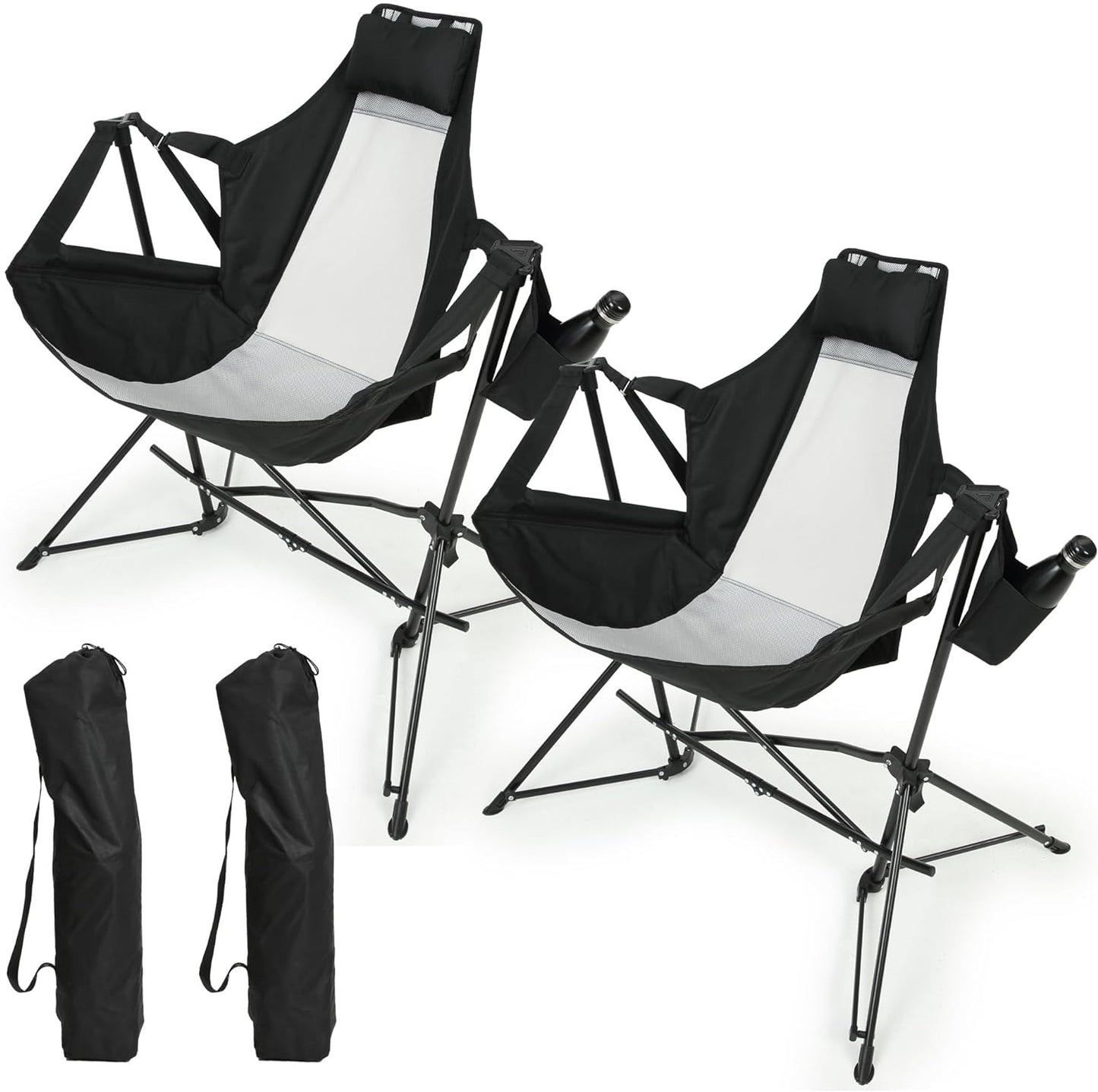 Chaise hamac de camping pliante en aluminium avec coussin et porte-gobelet, noir, lot de 2