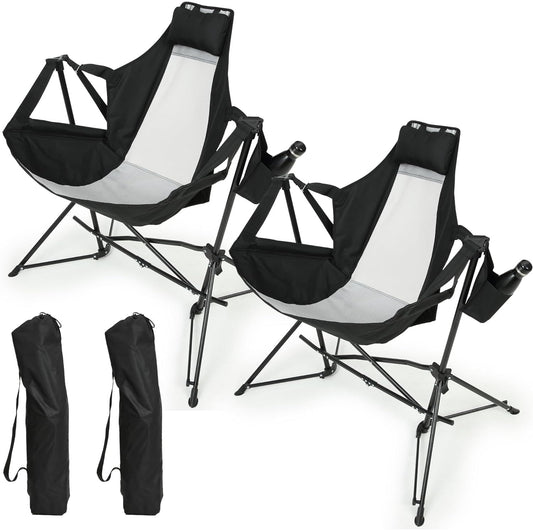 Chaise hamac de camping pliante en aluminium avec coussin et porte-gobelet, noir, lot de 2