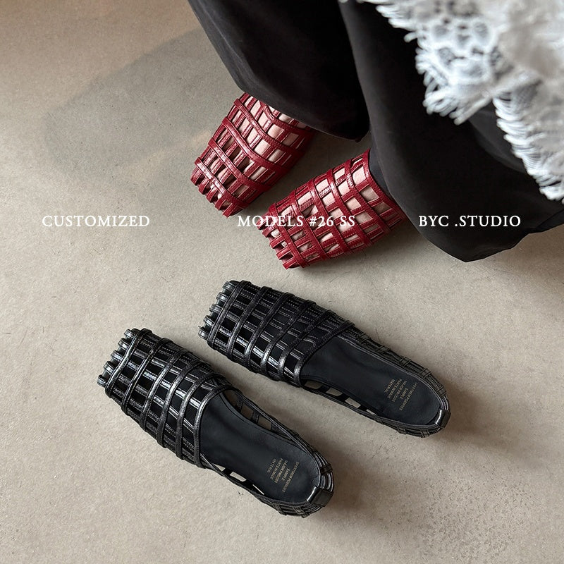 Women's Handmade Full - Grain Leather Woven Caged Flat Sandals, Square Toe Sheep
