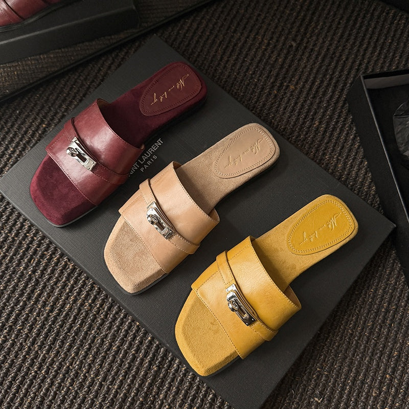 Women's Handmade Full - Grain Leather Slide Sandals, Metal Buckle Open - Toe Fla