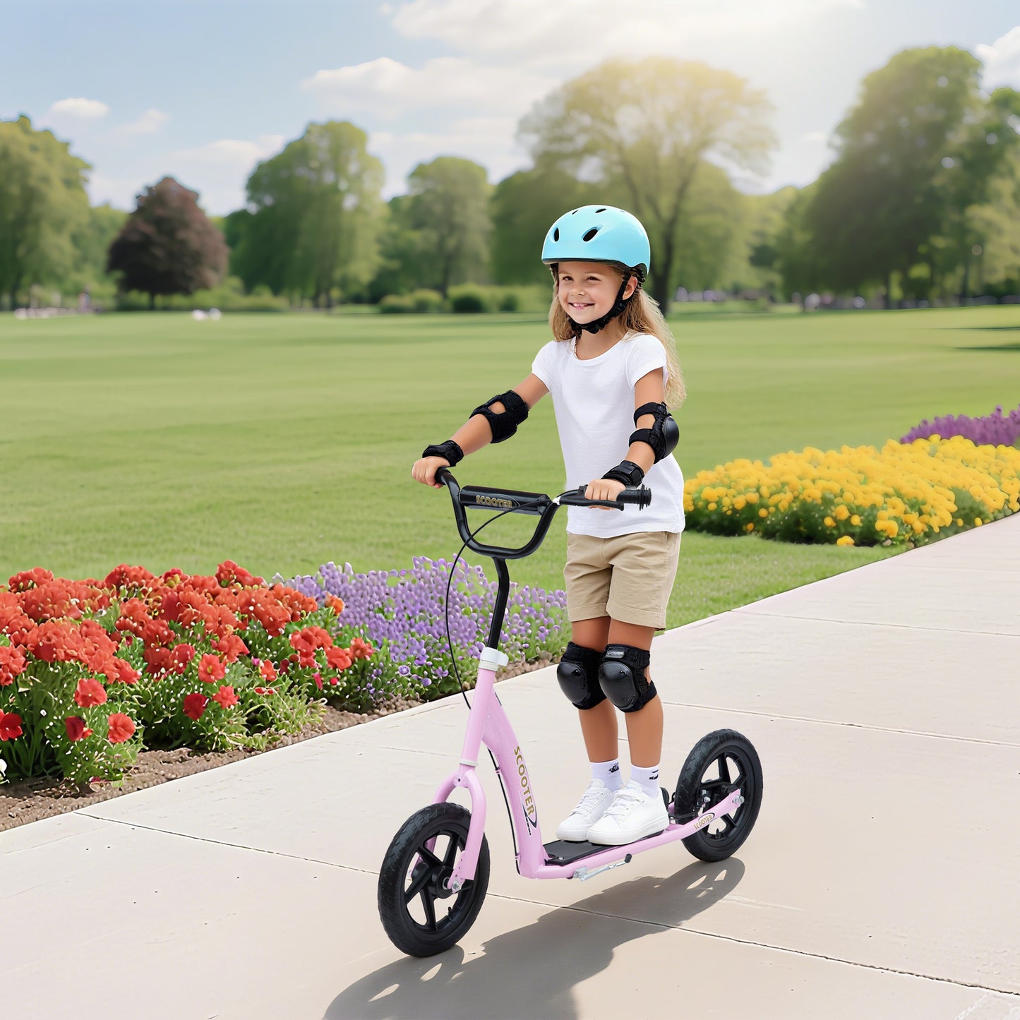 Kick Scooter for Kids 5-12 Years Old with Adjustable Height Handlebar, Non-slip Footplate, Big Wheels, Rear Brake, Pink