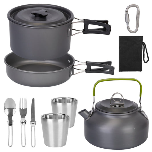 Set de cuisine de camping 12 pièces en aluminium, casserole, poêle, bouilloire et couverts, randonnée