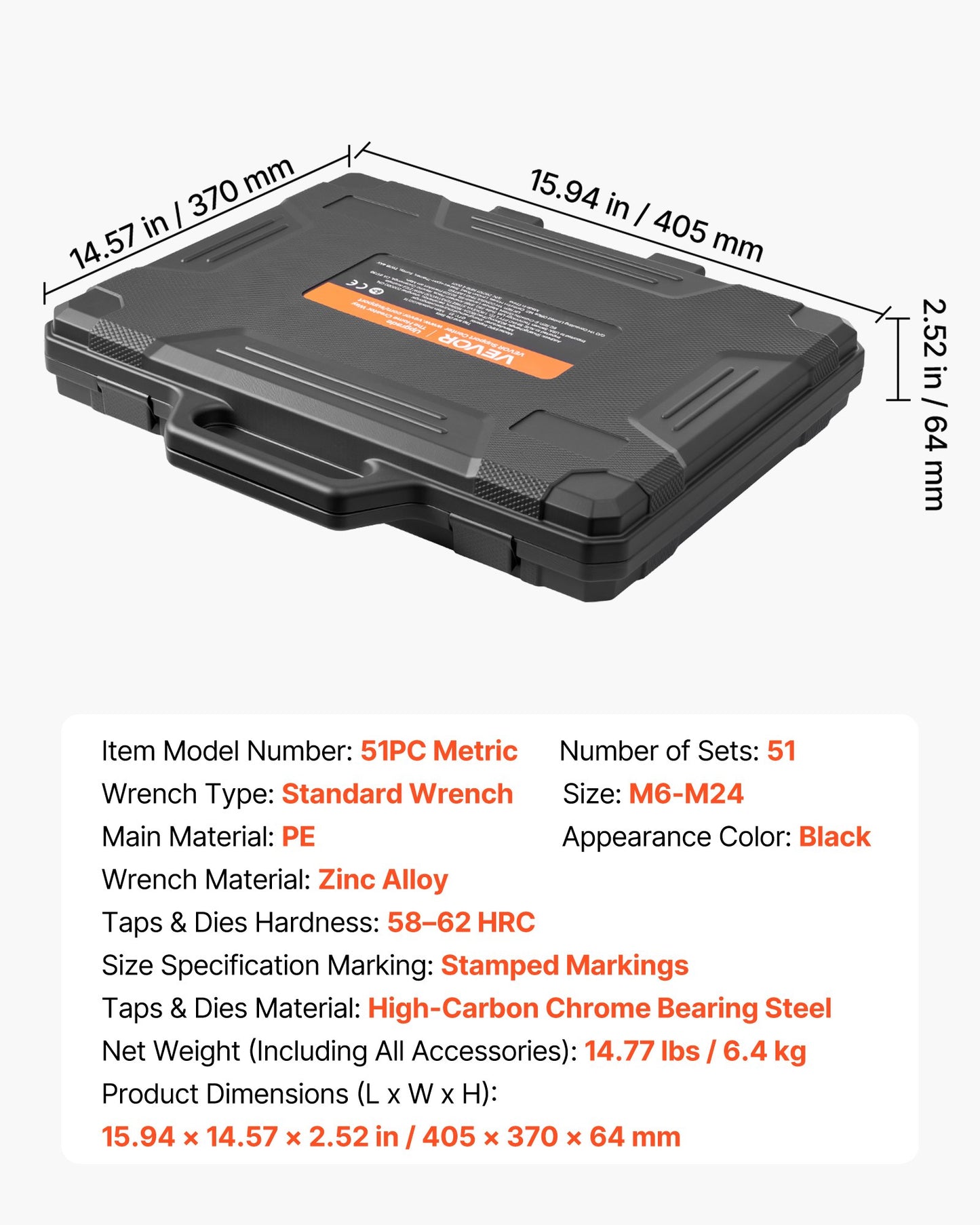Tap And Die Set, 51-Piece Metric Sizes M6 To M24, With Coarse And Fine Thread Taps And Dies, Wrench, Carrying Case And Complete Accessories, Bearing Steel, For Threading And Rethreading Threads