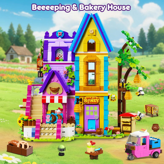HOGOKIDS Beekeeping & Bakery House Building Toy With LED Light - 1084PCS Friends Girls Baking Building Set With Honey Workshop, Pretend Play Birthday For Kid Girls Boys