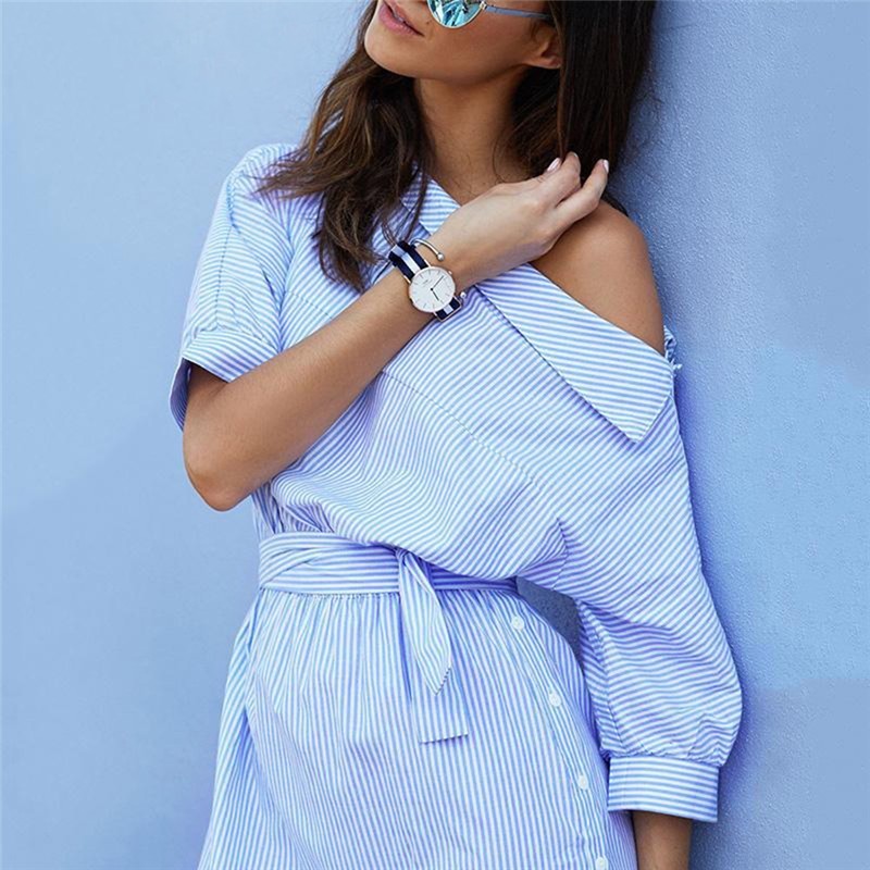 Sexy Elegant Half Sleeve Blue Striped Women Shirt Dress