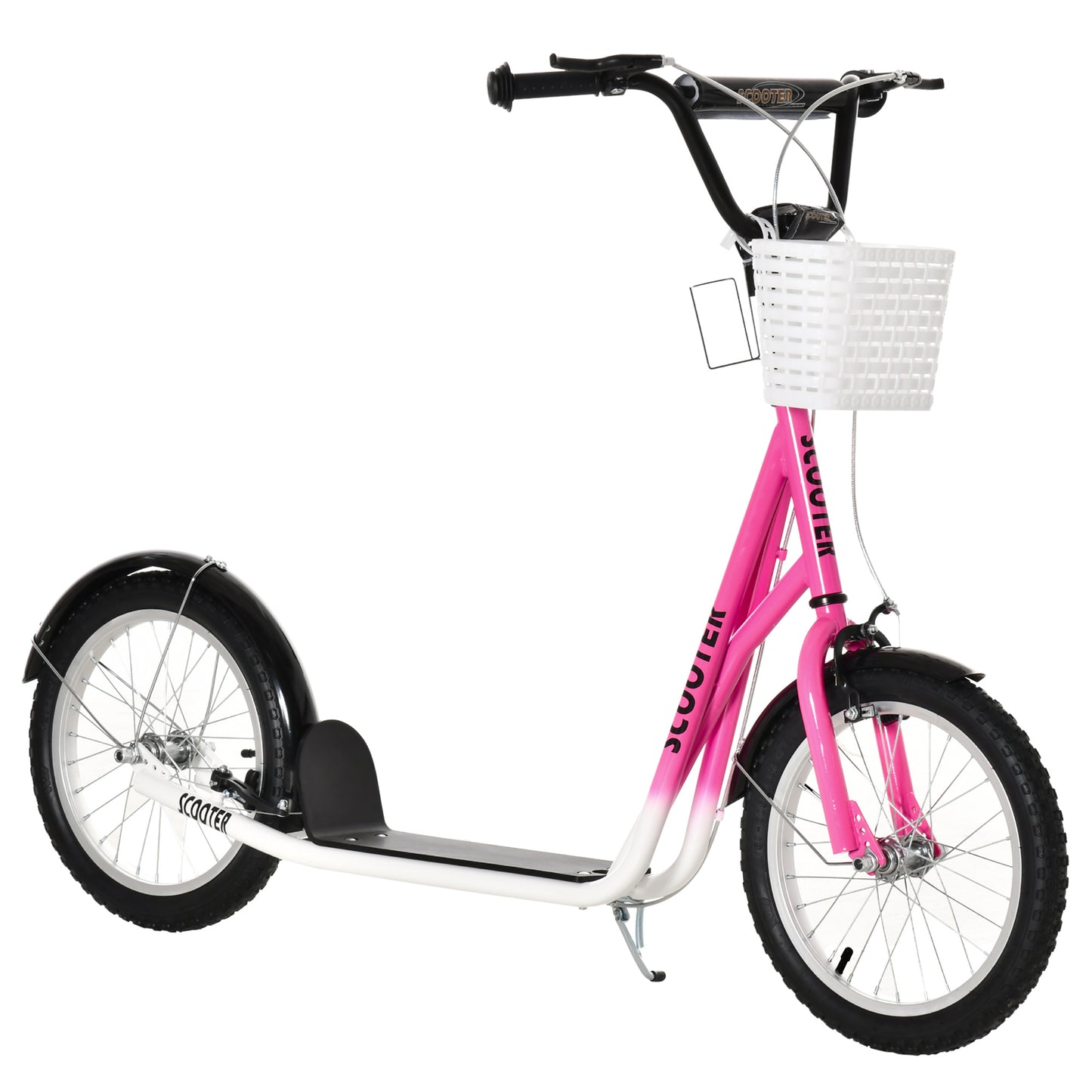 Kids Scooter, Kick Stunt Scooter With Adjustable Handlebar, Dual Brakes, Basket, Cupholder, Mudguard, 16" Inflatable Rubber Wheels, For 5-12 Years, Pink