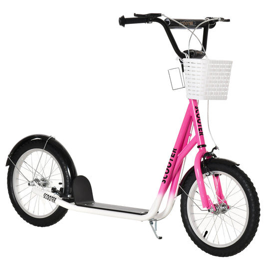 Kids Scooter, Kick Stunt Scooter With Adjustable Handlebar, Dual Brakes, Basket, Cupholder, Mudguard, 16" Inflatable Rubber Wheels, For 5-12 Years, Pink