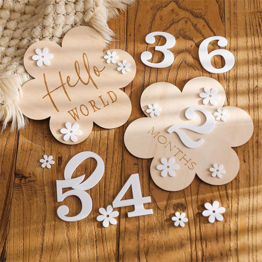 Cartes Étapes Bébé Fleur en Bois - Accessoires Photo Mensuels