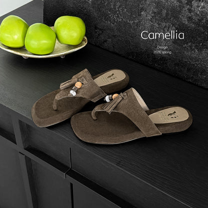 Women's Handmade Suede Beaded Tassel Thong Sandals, Open - Toe Bohemian Flat Sli