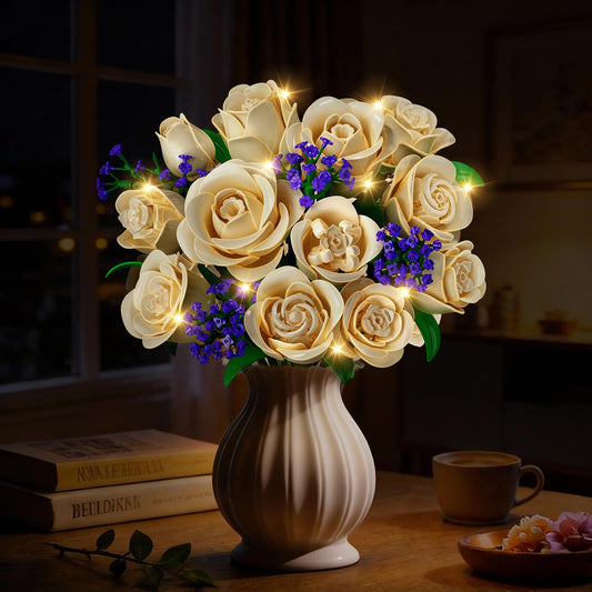 Flowers Bouquet Building Set With Lights,16 Champagne White Roses Botanical  Building Blocks For Adults Girl,523PCS Artificial Flower Valentines Day Birthday Gift For Her Home Decor