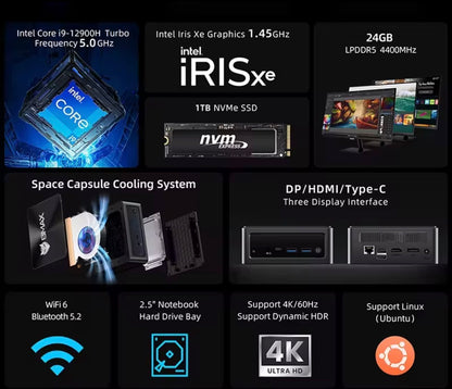 Mini PC BMAX B9 Power Intel Core I9-13000H, 24 Go de RAM LPDDR5, SSD NVMe de 1 To -WiFi 7