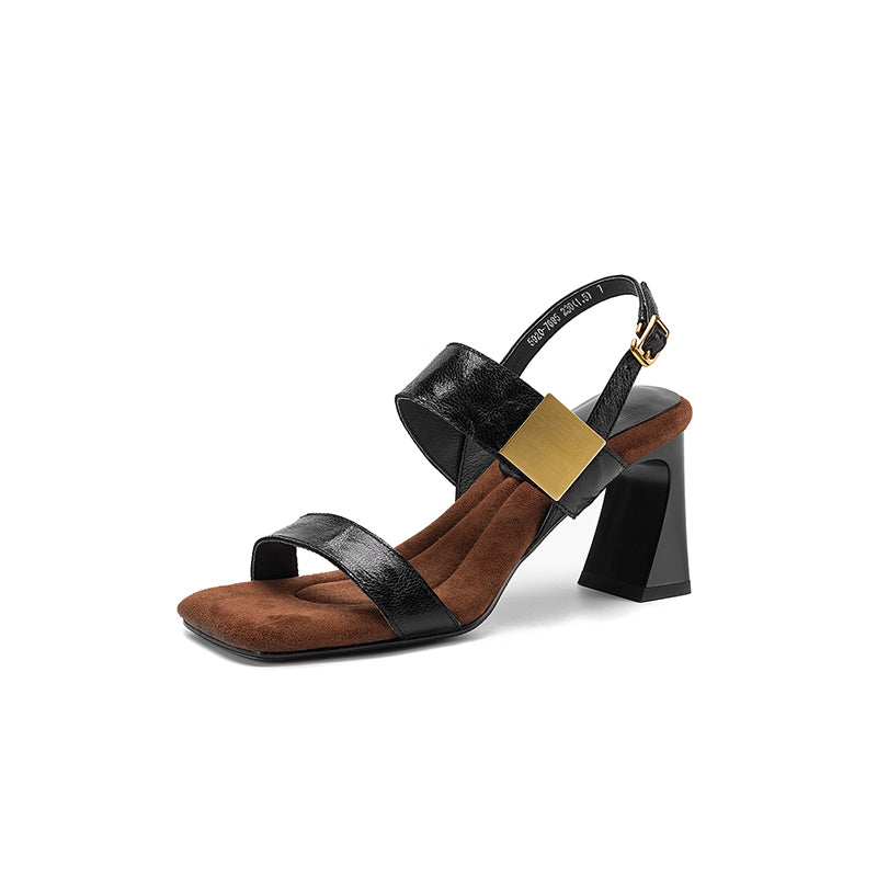 Women's Handmade Full - Grain Sheepskin Block Heel Sandals, Square - Toe Slingba