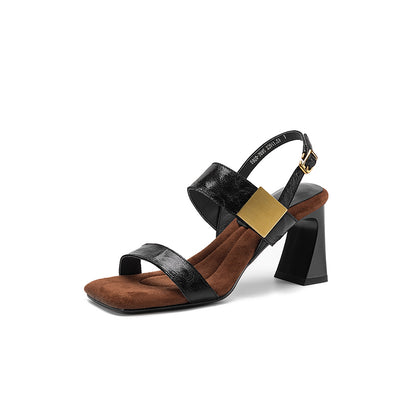 Women's Handmade Full - Grain Sheepskin Block Heel Sandals, Square - Toe Slingba