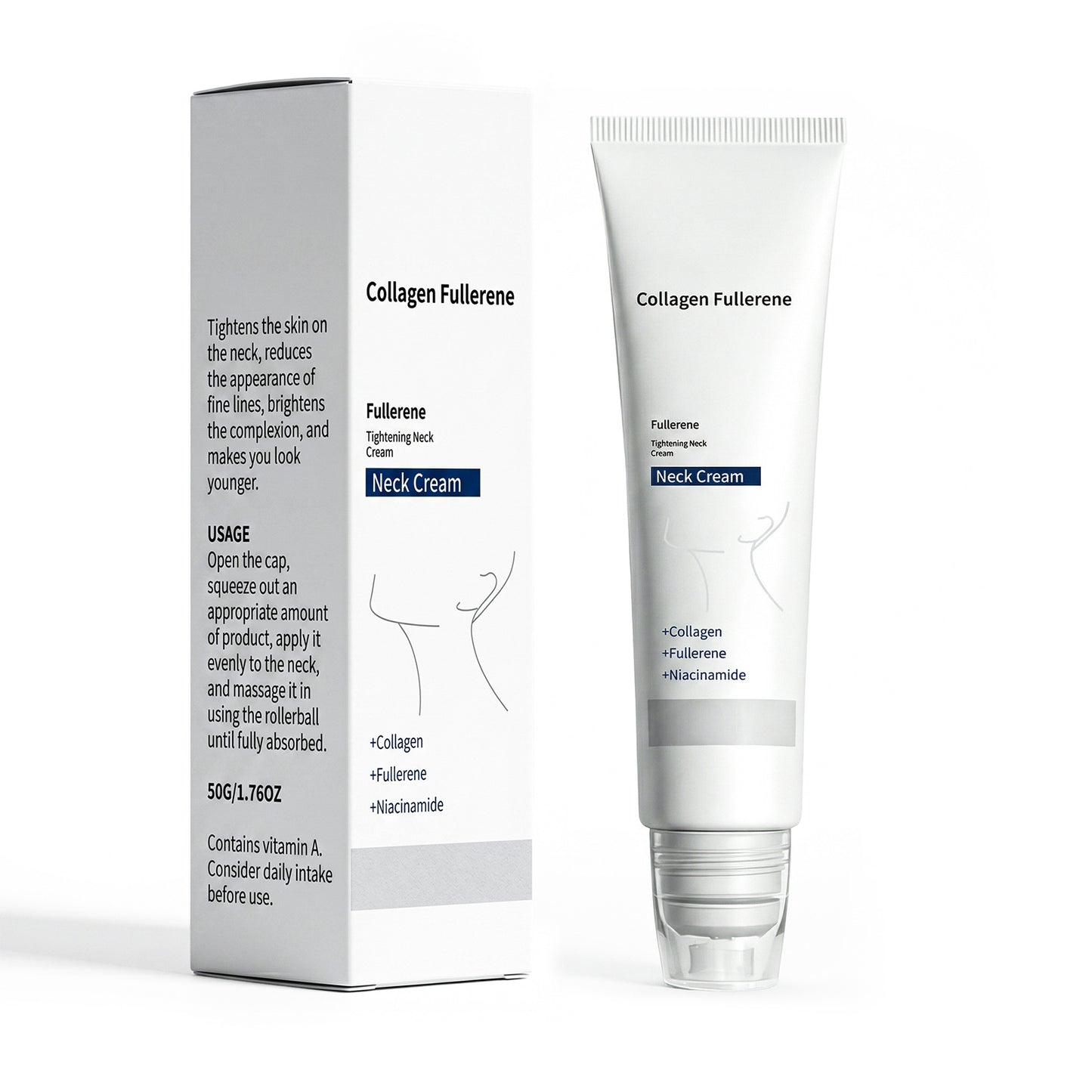 Collagen Fullerene Neck Cream With Roller Massager, Anti-Aging Neck Firming Cream, Reduces Wrinkles & Double Chin, 50g