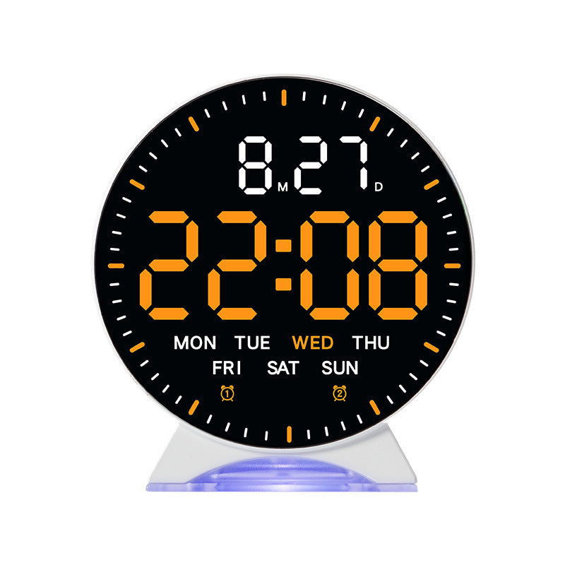 LED alarm clock with custom jump-second display, ambient light, auto-dimming USB desk clock.