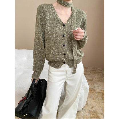 Southern Compass, Ambience HighlightSoft Ribbon Accent Slimming V-Neck Multicolor Floral Knit Cardigan Sweater