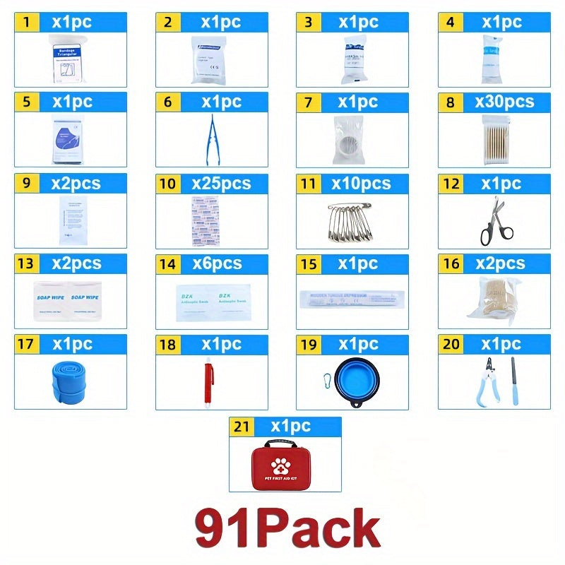 91-Piece Pet First Aid Kit for Dogs and Cats: Comprehensive Emergency Travel Supplies with Scissors, Tweezers, Bandages, Tourniquet - Portable Medical Essentials for Hiking, Camping, Backpacking