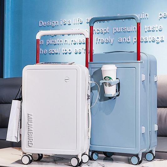 Valise à grande capacité avec ouverture frontale, poignée large, porte-gobelet pliable et port USB