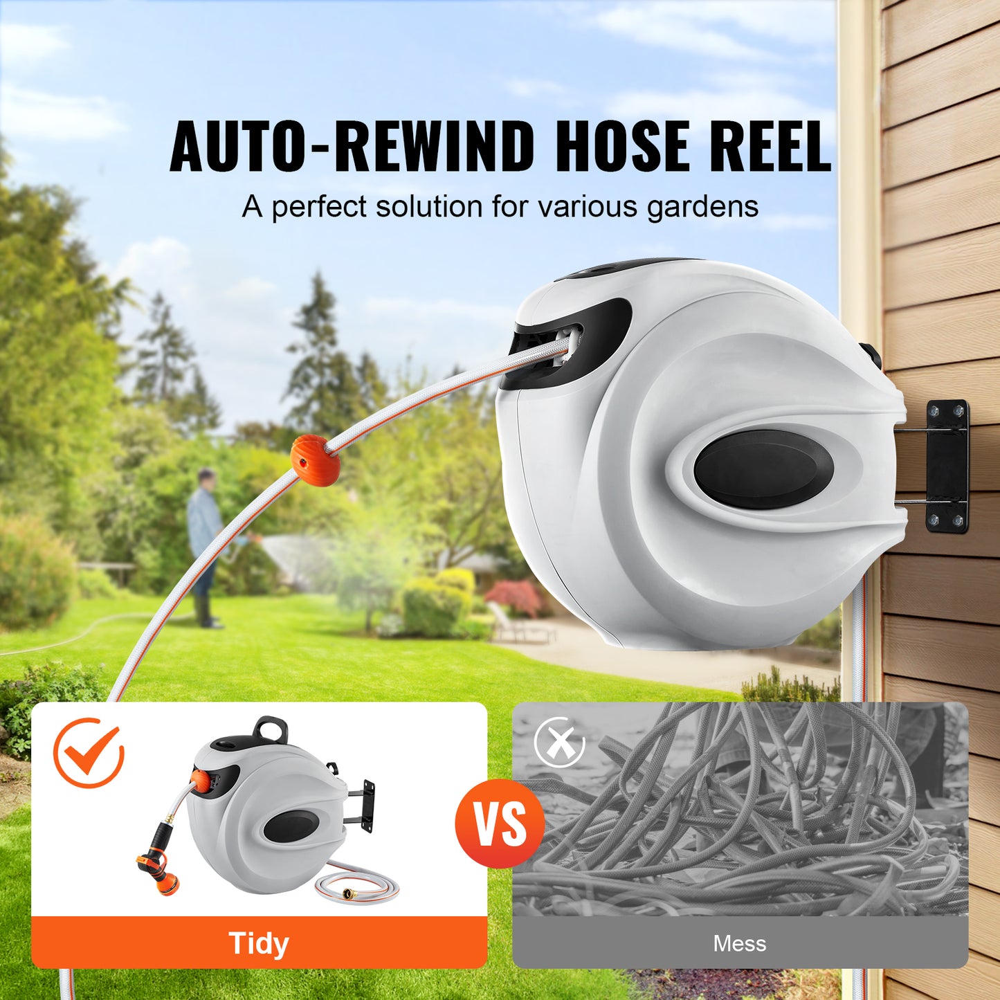 VEVOR Retractable Hose Reel Water Hose Reel Swivel Wall-Mounted