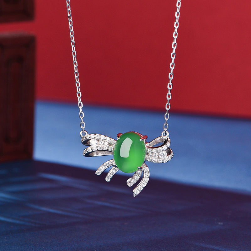Collier Argent S925 Pendentif Nœud Chrysoprase Verte 9x7mm