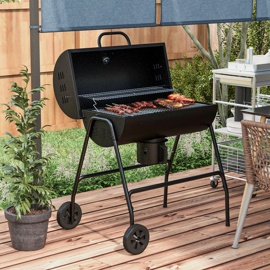 Barrel Charcoal BBQ Grill, Barbecue with 420 sq.in. Cooking Area, Wheels, Ash Catcher, Black