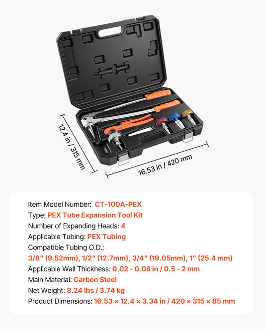 PEX Pipe Expander Tool Kit, Manual Tubing Expansion Tool For 3/8", 1/2", 3/4", 1" PEX Pipes - With 4 Expanding Heads, Pipe Cutter & Carrying Case For Radiant Heating & Water Plumbing System
