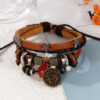 Bracelet Cuir Tressé Multi-rangs Perles Bois - Charm Zodiaque