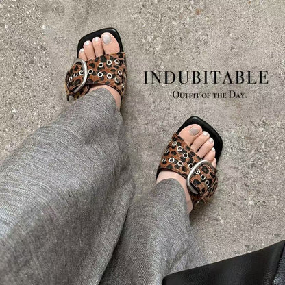Women's Handcrafted Horsehair Buckle Slide Sandals, Square Toe Sculptural Heel M
