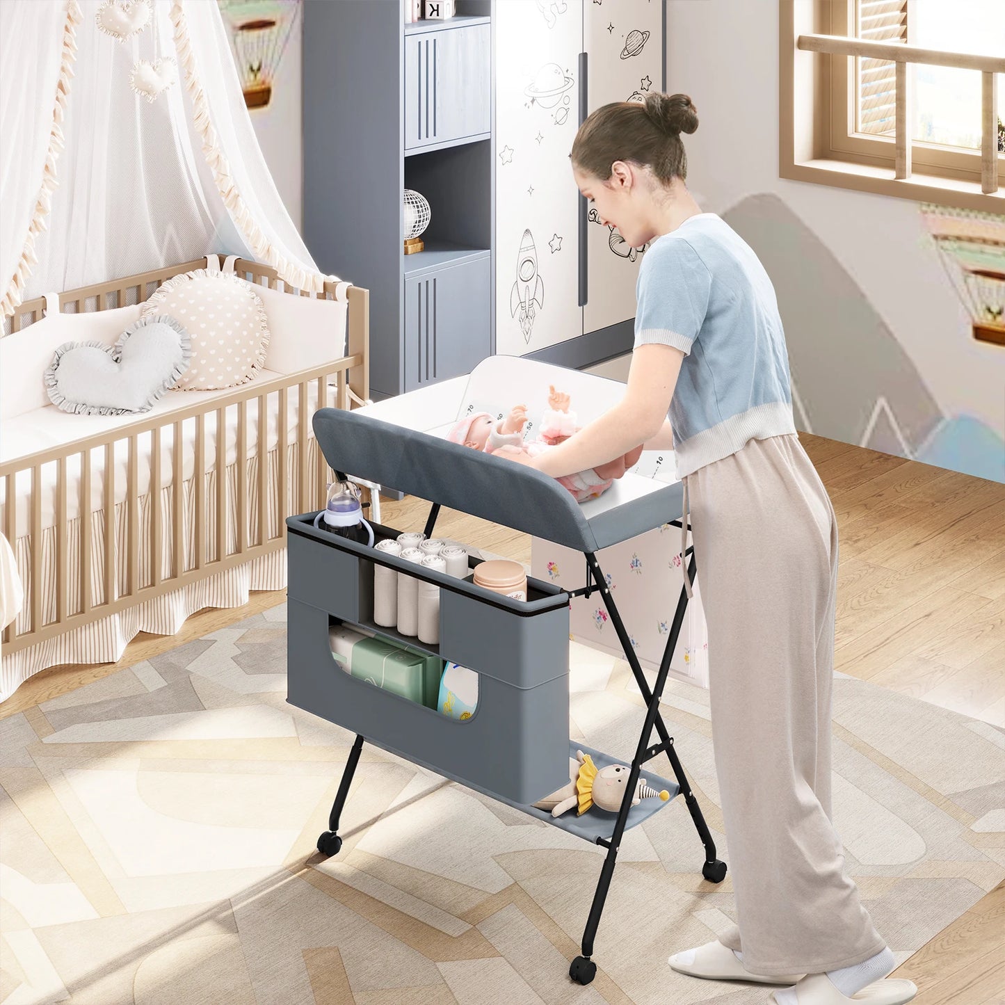 WOLTU Height Adjustable Portable Children Kids Cabinet Foldable Baby Changing Table with Wheels Storage Basket