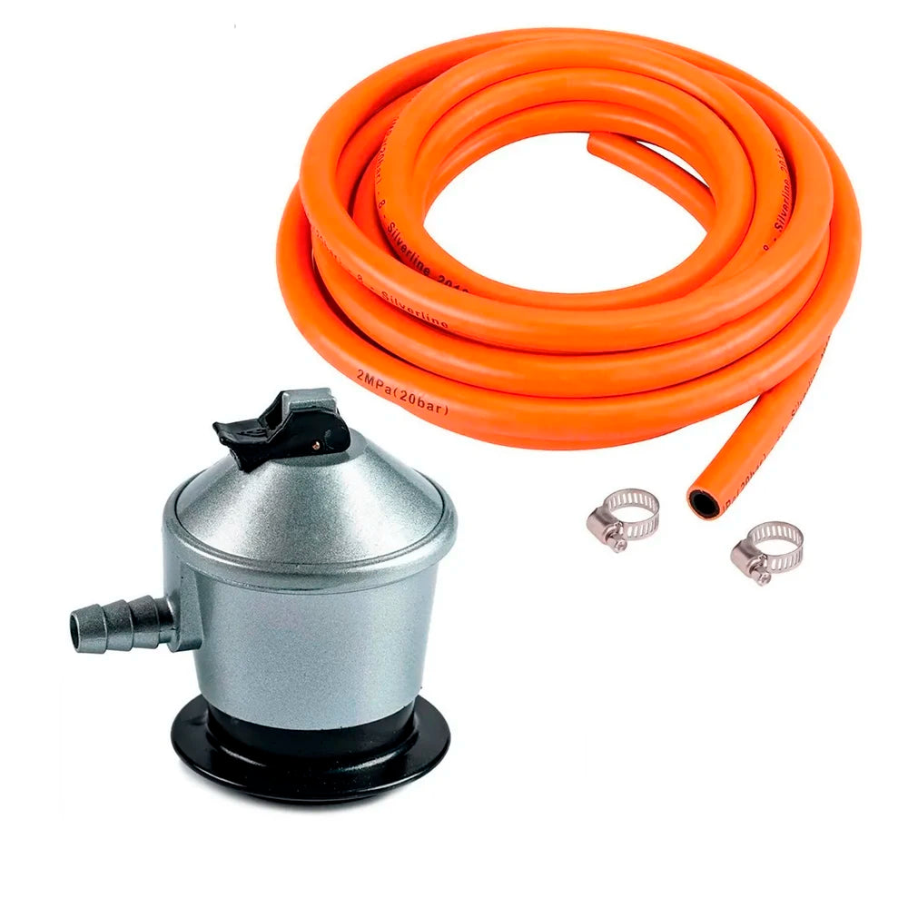 【Pieza or Kit】 1.5m Butane Hose with 2 Clamps, 50 Mbar Butane Head, Butane Gas Regulator Kit with 29 Mbar Safety Valve, Complete Sets or Loose Parts, Universal