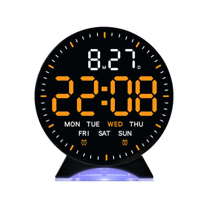 LED alarm clock with custom jump-second display, ambient light, auto-dimming USB desk clock.