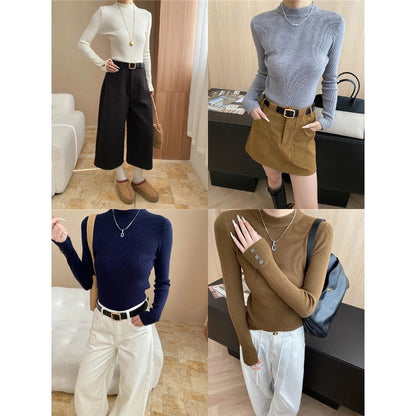 Chic Buttoned Cuffed Slim-Fit High-Neck Knit Top Layering Essential