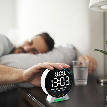 LED alarm clock with custom jump-second display, ambient light, auto-dimming USB desk clock.