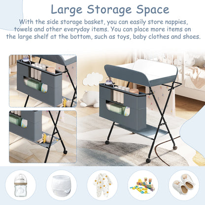 WOLTU Height Adjustable Portable Children Kids Cabinet Foldable Baby Changing Table with Wheels Storage Basket