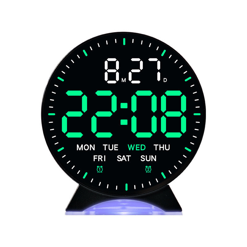 LED alarm clock with custom jump-second display, ambient light, auto-dimming USB desk clock.