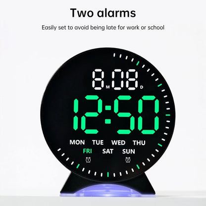 LED alarm clock with custom jump-second display, ambient light, auto-dimming USB desk clock.