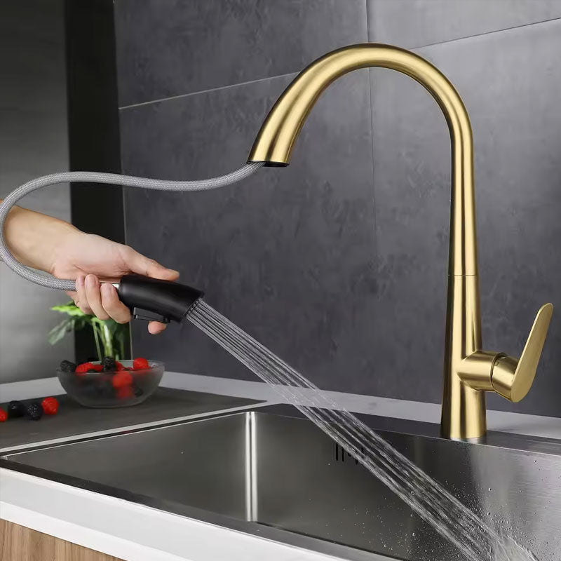 Removable 304 Stainless Steel Kitchen Sink in Polished Gold, with a pull-down faucet for hot and cold water.