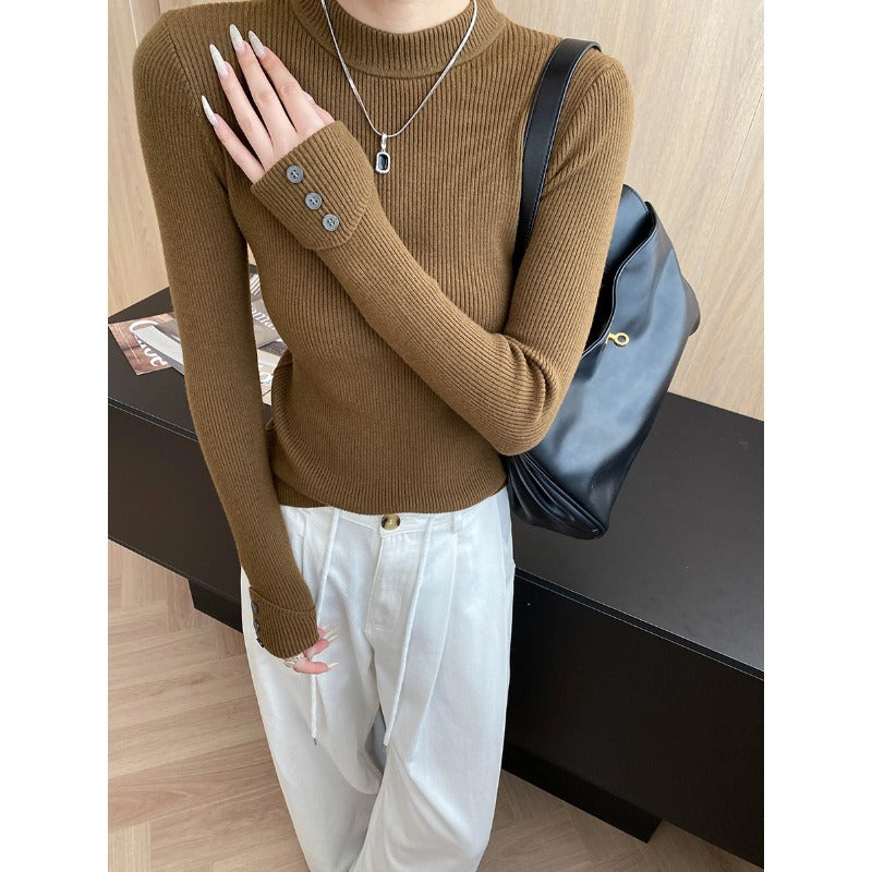 Chic Buttoned Cuffed Slim-Fit High-Neck Knit Top Layering Essential