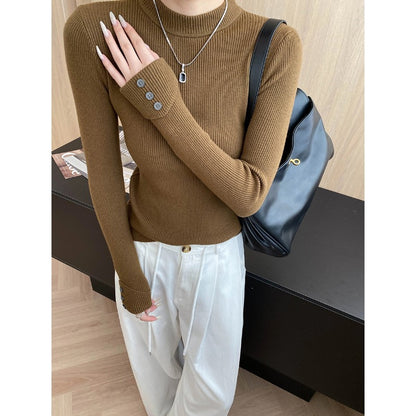 Chic Buttoned Cuffed Slim-Fit High-Neck Knit Top Layering Essential