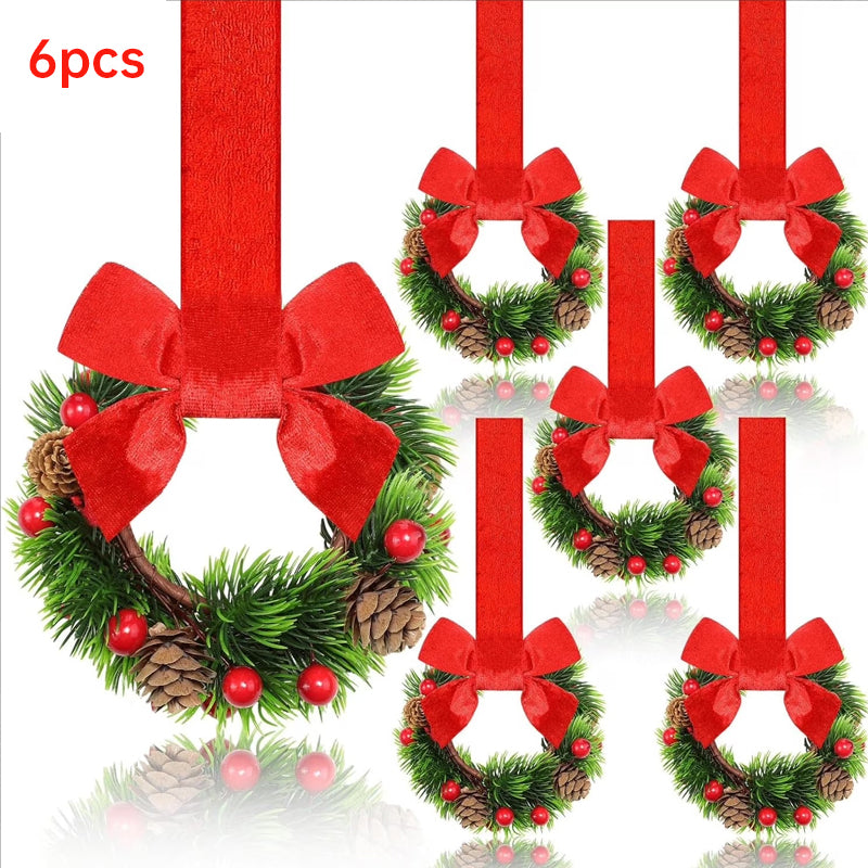 Farmhouse Mini Christmas Cabinet Wreaths, Set of 6 with Ribbon Tie-Ons