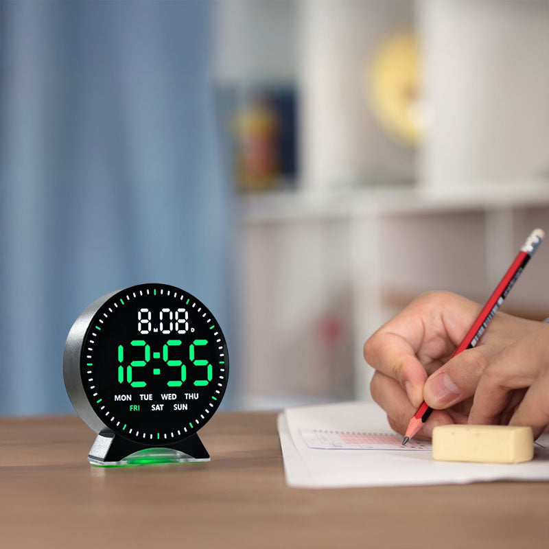 LED alarm clock with custom jump-second display, ambient light, auto-dimming USB desk clock.