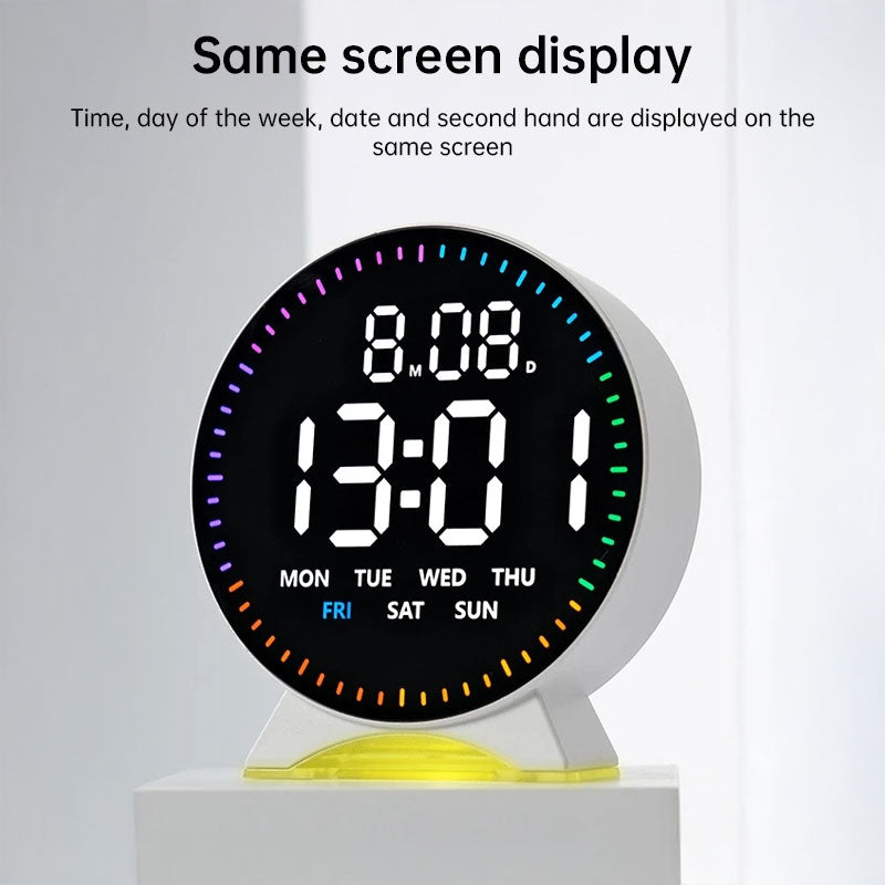 LED alarm clock with custom jump-second display, ambient light, auto-dimming USB desk clock.
