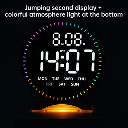 LED alarm clock with custom jump-second display, ambient light, auto-dimming USB desk clock.