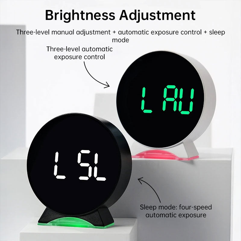 LED alarm clock with custom jump-second display, ambient light, auto-dimming USB desk clock.