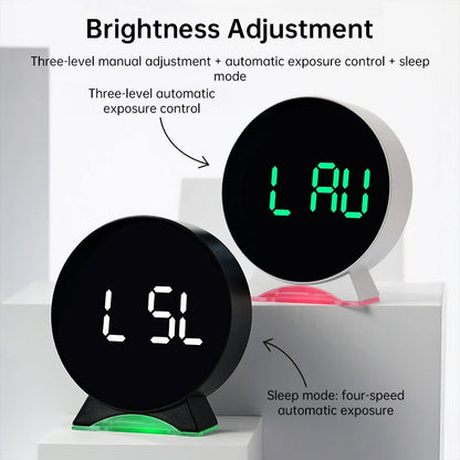 LED alarm clock with custom jump-second display, ambient light, auto-dimming USB desk clock.