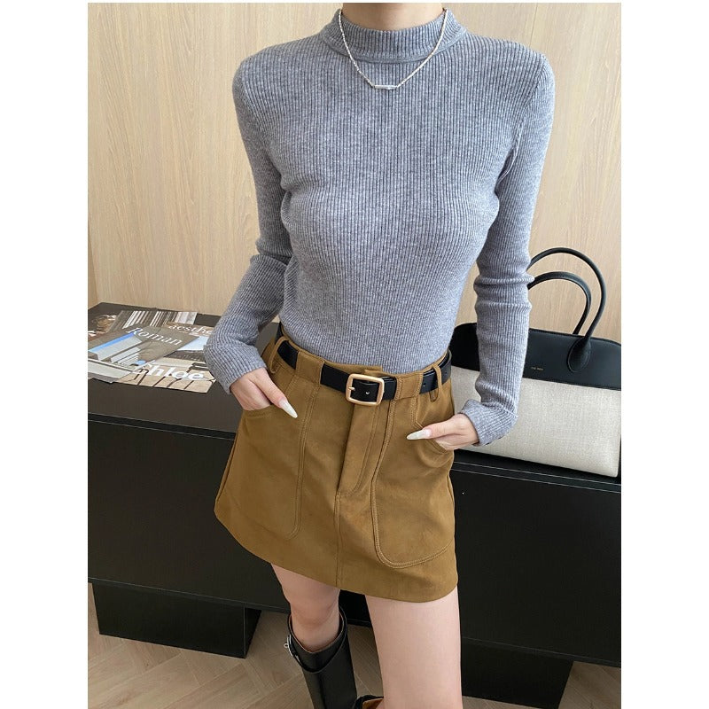 Chic Buttoned Cuffed Slim-Fit High-Neck Knit Top Layering Essential